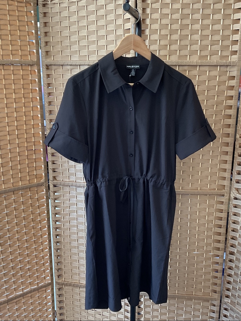 Halston Black Short-Sleeve Drawstring Midi Dress
